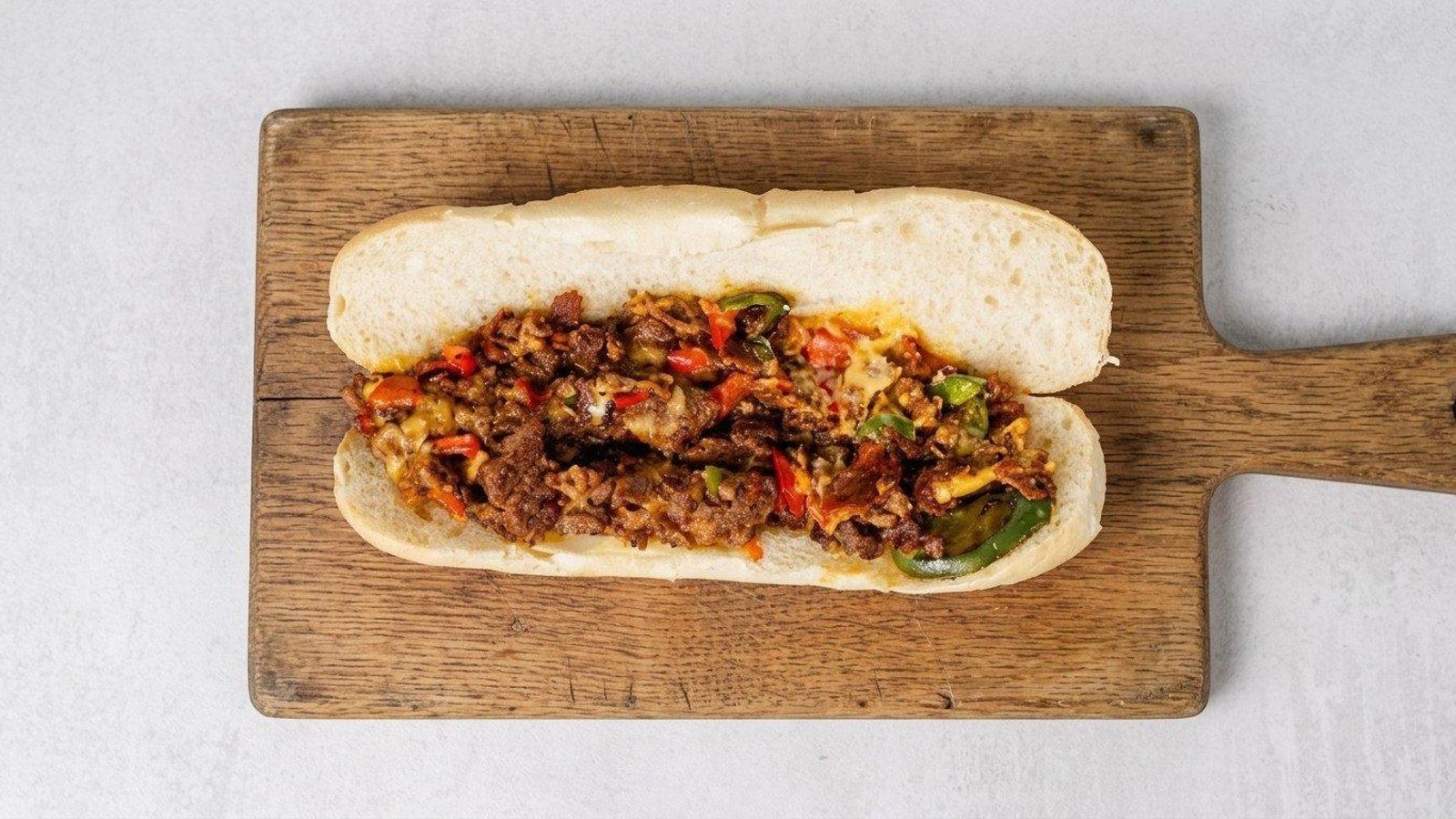 A steak and pepper sandwich on a hero from Family Market & Deli